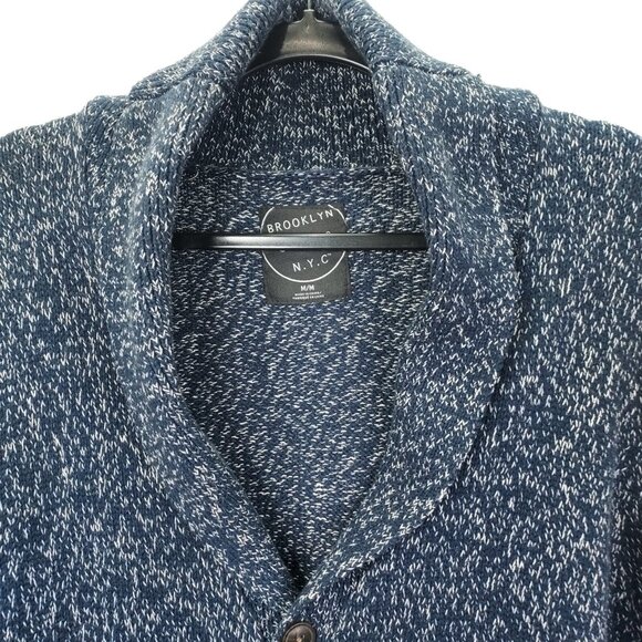 Brooklyn Calling Cardigan Men's M Grandpa Sweater Shawl Collar Blue White Fleck - Picture 4 of 15